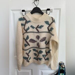 Vintage Easton Par Sweater Large Ramie Blend Knit Leaf Pattern 80s 90s Cream